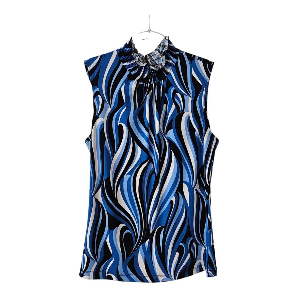 Serenade Womens S Top Blouse Sleeveless Stretch Blue Swirl Smocked Neck DEFECT